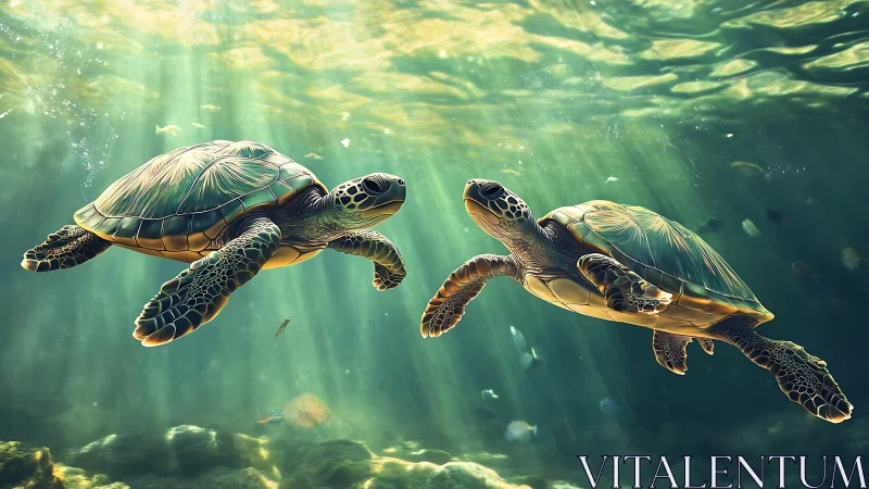 Two sea turtles swim underwater in filtered sunbeams