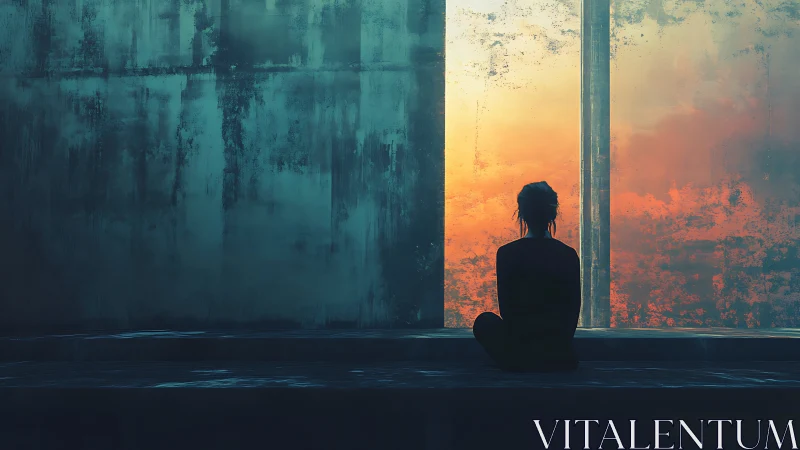 Solitary figure watches a distant sunset through worn glass