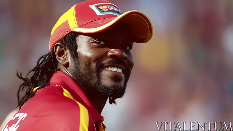 Cricketer in red yellow kit smiling, shallow depth of field portrait