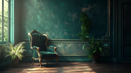 Sunlit velvet chair in a quietly overgrown teal salon.