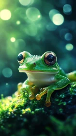 Emerald tree frog under dreamy forest bokeh lightscape.