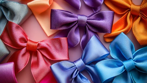 Colorful satin gift bows arranged in tight symmetrical layout.