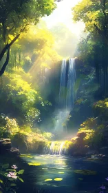 Gentle forest waterfall glows in soft morning sunlight