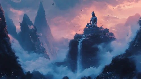 Mystic mountain deity above cascading twilight waterfalls.