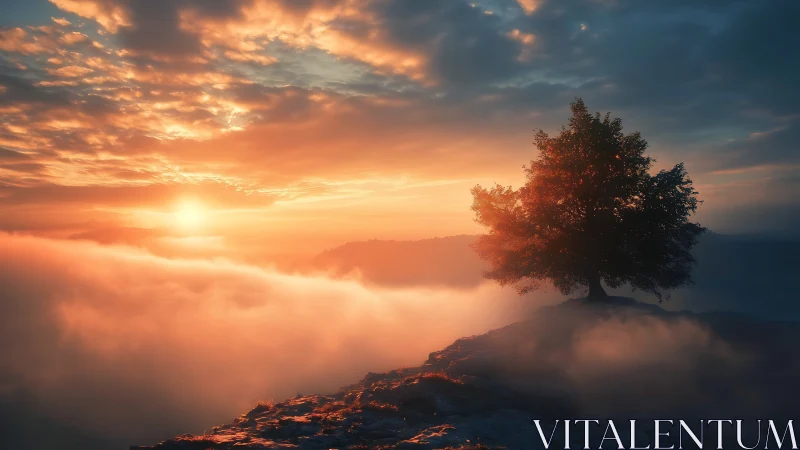 Solitary tree crowns a misty cliff at radiant sunrise.