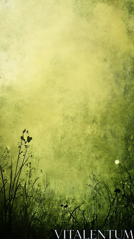 Textured verdant gradient with silhouetted wildflower foreground.