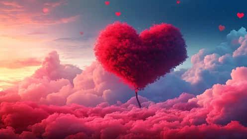 Crimson Heart Tree Floating Above Pink Clouds.