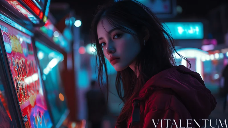 Neon-lit arcade portrait in moody cyan and magenta glow.