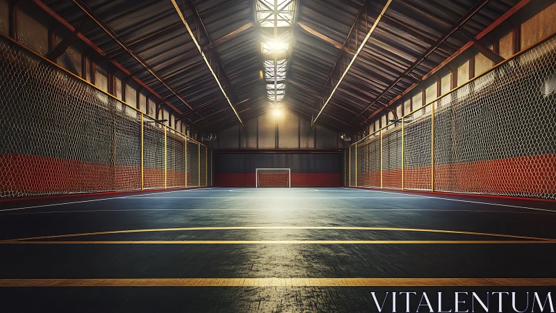 Indoor futsal court with netted walls and directional skylights