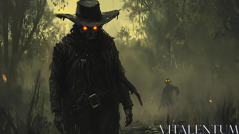 Grim gunslinger with glowing eyes stalks a haunted swamp.