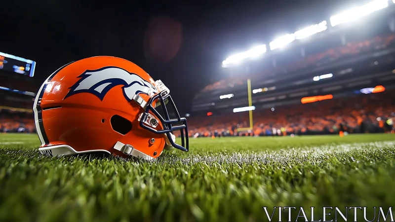 Lone orange football helmet waits under blazing stadium lights.