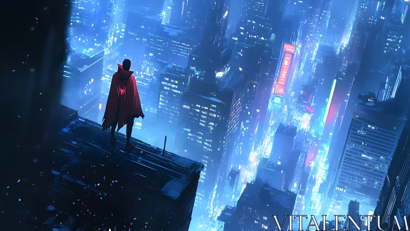 Lone rooftop vigil over neon-soaked futuristic megacity night.