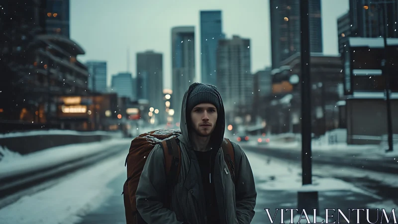 Solitary winter commuter in shallow-depth urban corridor.