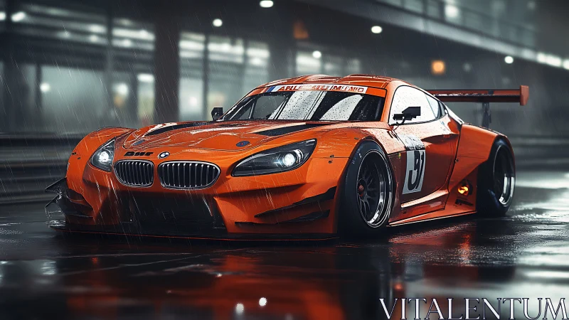 Rain-slicked orange racer crouches low, hunting midnight laps