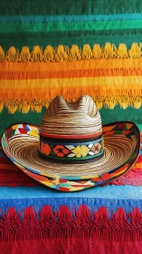 Colorful woven sombrero resting amid festive textiles.
