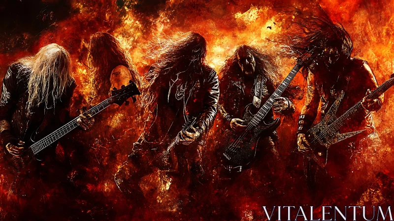 Heavy metal band performing amid intense fiery backdrop.