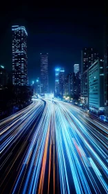 Neon rivers of traffic carving a midnight electric skyline.