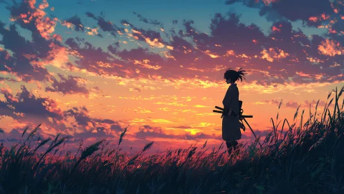 Samurai silhouette standing in grass at vivid sunset.