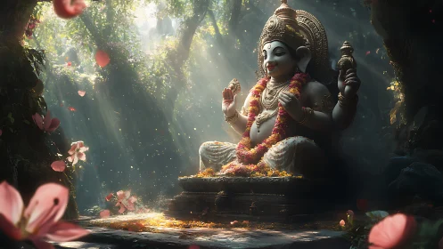 Ganesha statue in forest shrine with sunlight and flowers.