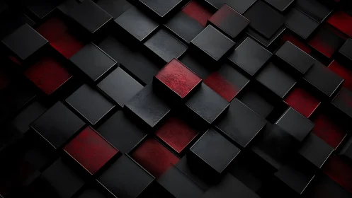 Layered black and red cubic tiles in staggered grid pattern.