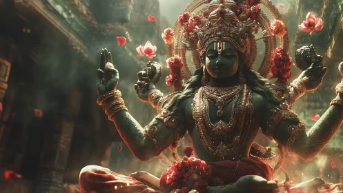 Emerald deity in rose-lit temple haze, breathing quiet power.