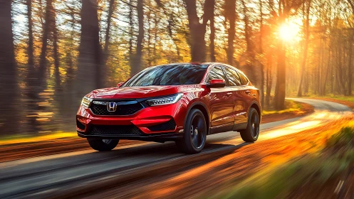 Red Honda SUV cruises through a glowing autumn forest road.