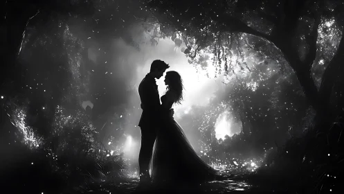 Silhouetted couple embracing under glowing canopy of foliage