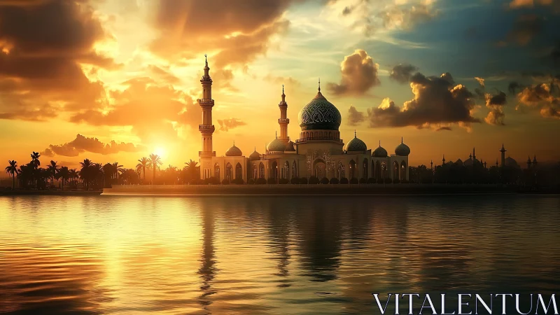 Sunset mosque skyline reflected across calm water surface.