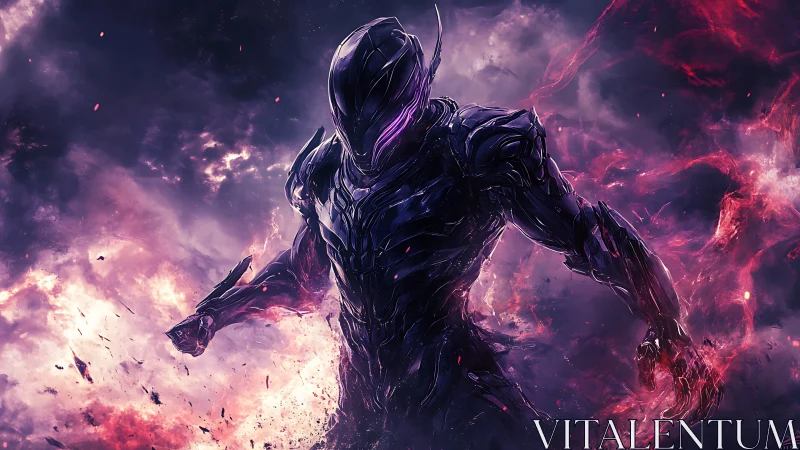Armored humanoid figure in glowing purple energy field.