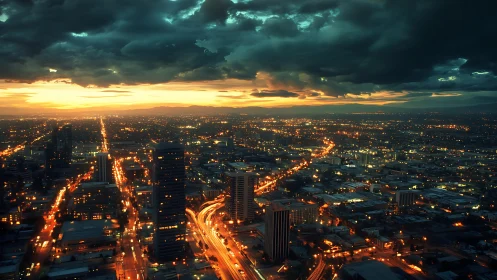 Neon arteries under stormlit dusk above the glowing city.