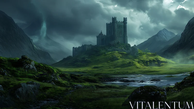 Stone castle stands on elevated terrain under dense storm clouds