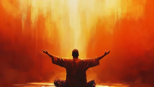 Monk Silhouette Embraces Vertical Radiant Light Cascade