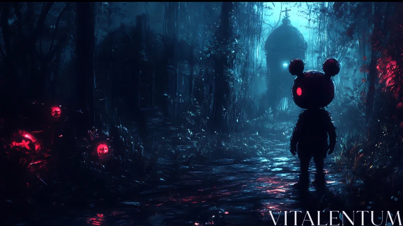 Digital painting of eerie toy silhouette in neon forest corridor.