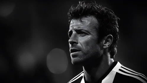 Football player gazes ahead under stadium lights in monochrome.
