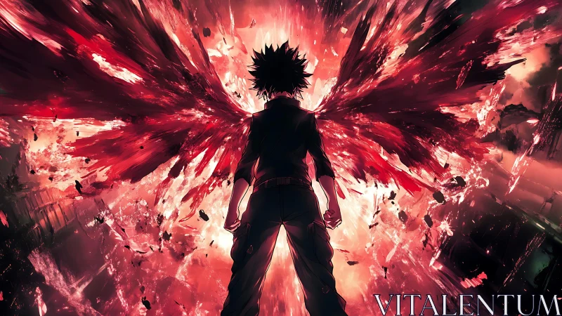 Explosive anime hero with blazing red energy wings.