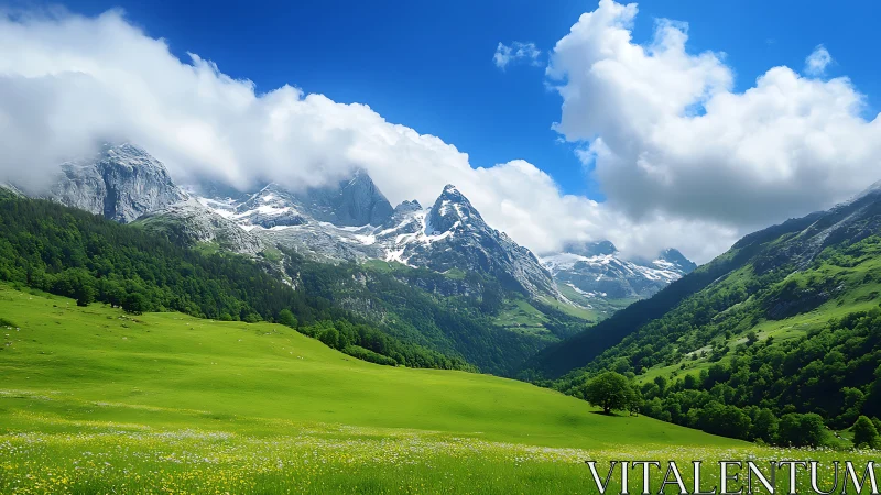 Alpine valley panorama with snowcapped peaks under cumulus sky