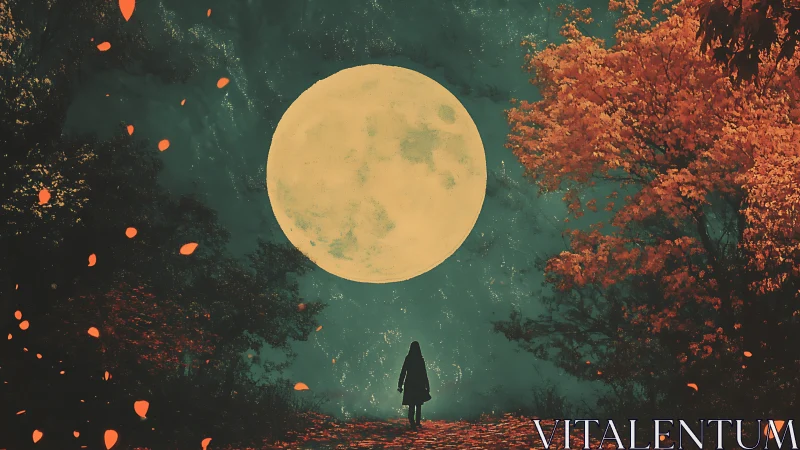Lone figure walks toward a glowing full moon in autumn forest