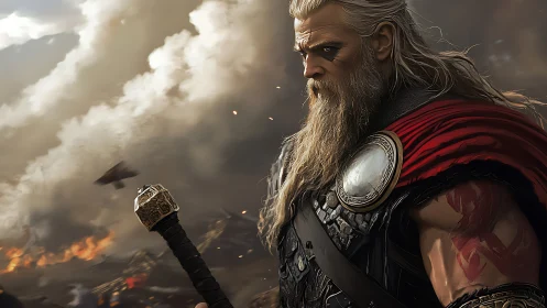 Battle-hardened warrior in cinematic lighting surveys burning battlefield