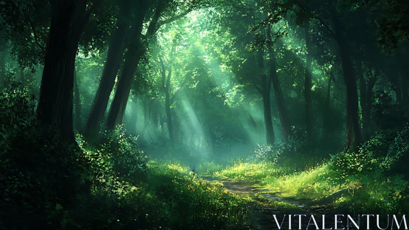 Enchanted Forest Path: Luminous Cathedral of Ancient Trees.