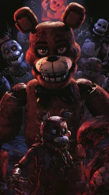 Distressed animatronic bear with smaller damaged figure.