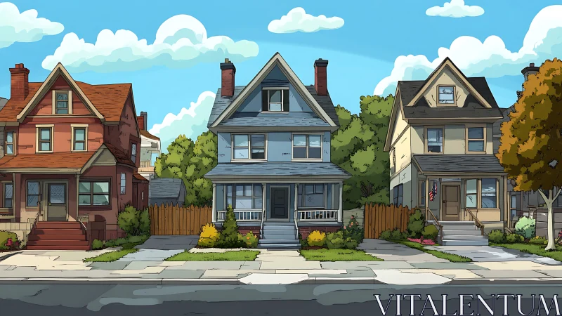 Digital neighborhood streetscape with stylized family homes.