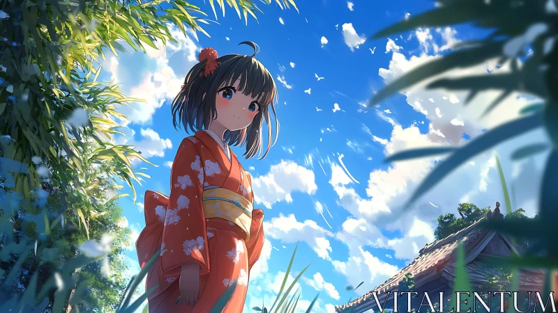 Summer sky embraces a girl in orange kimono with quiet wonder