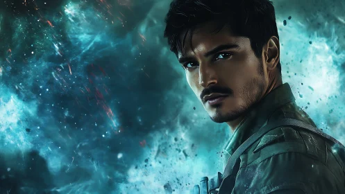 Galactic soldier scans stormlit nebula battlefield. Period.