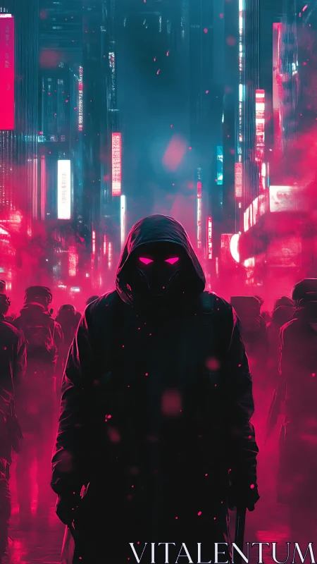 Hooded cyberpunk figure under neon haze in crowded alley.