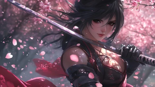 Sword-wielding warrior confronts destiny amid falling blossoms