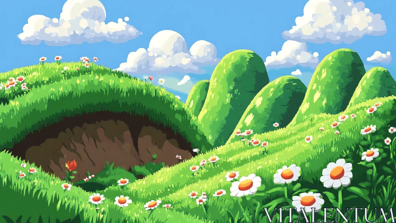 Sunlit daisy hills cradle a secret hollow of gentle wonder.