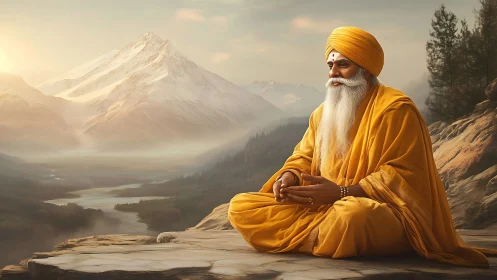 Saffron sage meditates above river valleys and whispering peaks.