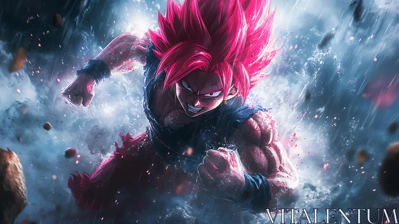 Explosive pink‑haired warrior rendered with dynamic motion blur