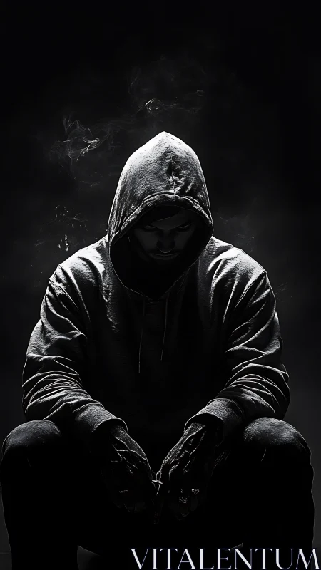 Hooded figure in low key lighting against dark background.