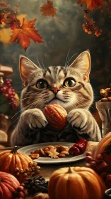 Autumn Feast: Tabby Cat with Apple and Seasonal Harvest.